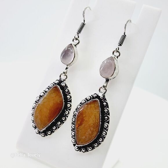 Jasper Rose Quartz Handmade Drop Dangle Earrings Jewelry 2.6" - Picture 9 of 11